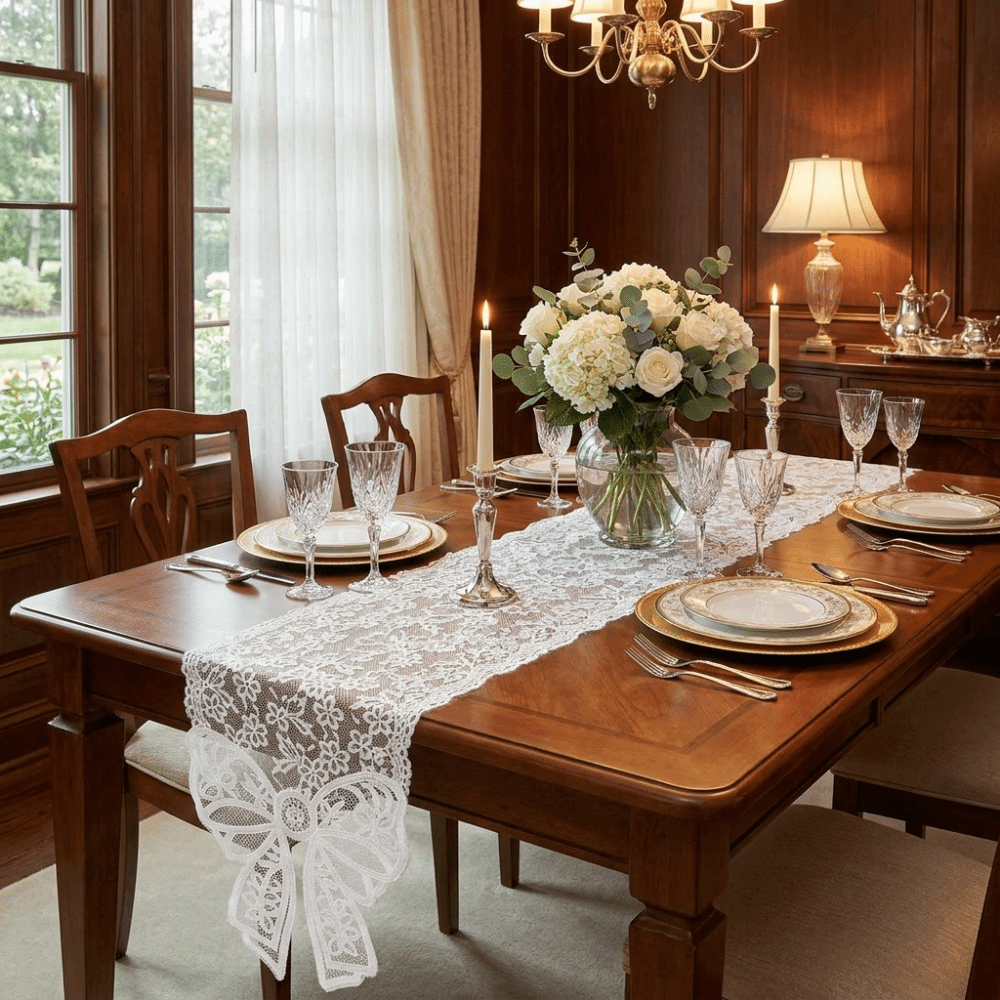 Christmas Table Runner - French Elegant Floral Cut-Out Lace Table